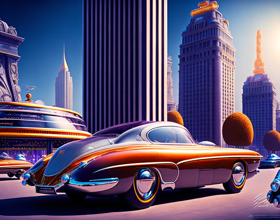 Futuristic cityscape featuring vintage-style car, metallic skyscrapers, flying saucer diner,