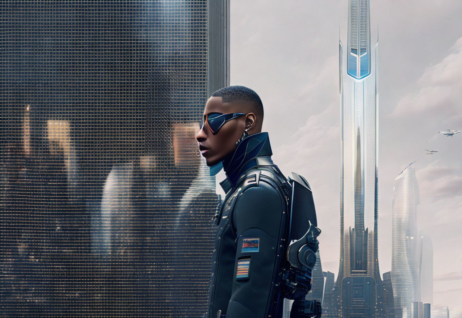 Futuristic military figure in sunglasses against sci-fi cityscape