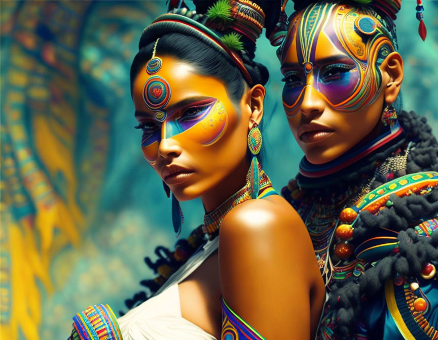 Two women with vibrant tribal face paint and ornate accessories against colorful backdrop