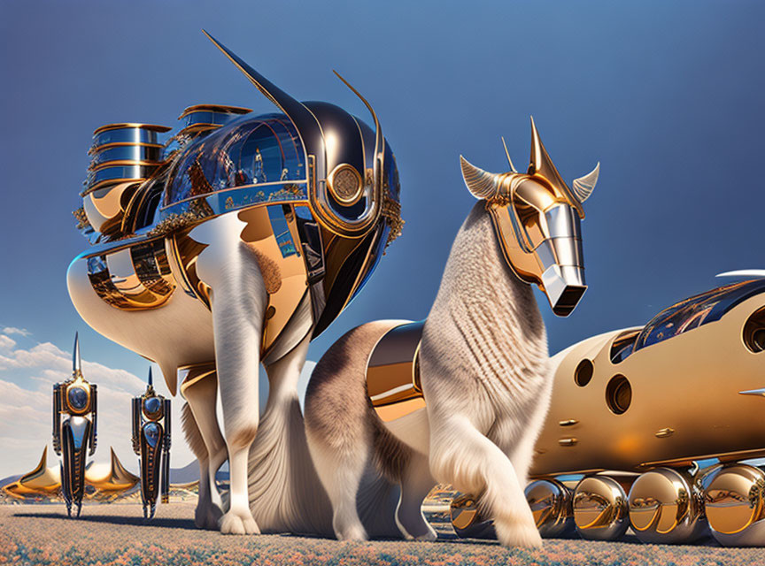 Futuristic golden sphinx and modern spacecraft under clear blue sky