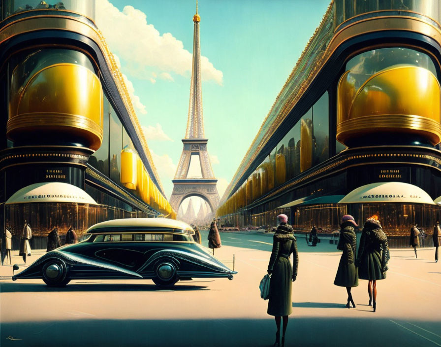 Futuristic Paris with vintage fashion, classic car, and golden skyscrapers