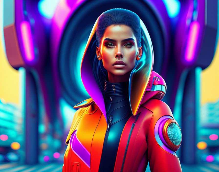 Futuristic woman with neon makeup in vibrant jacket in sci-fi city.