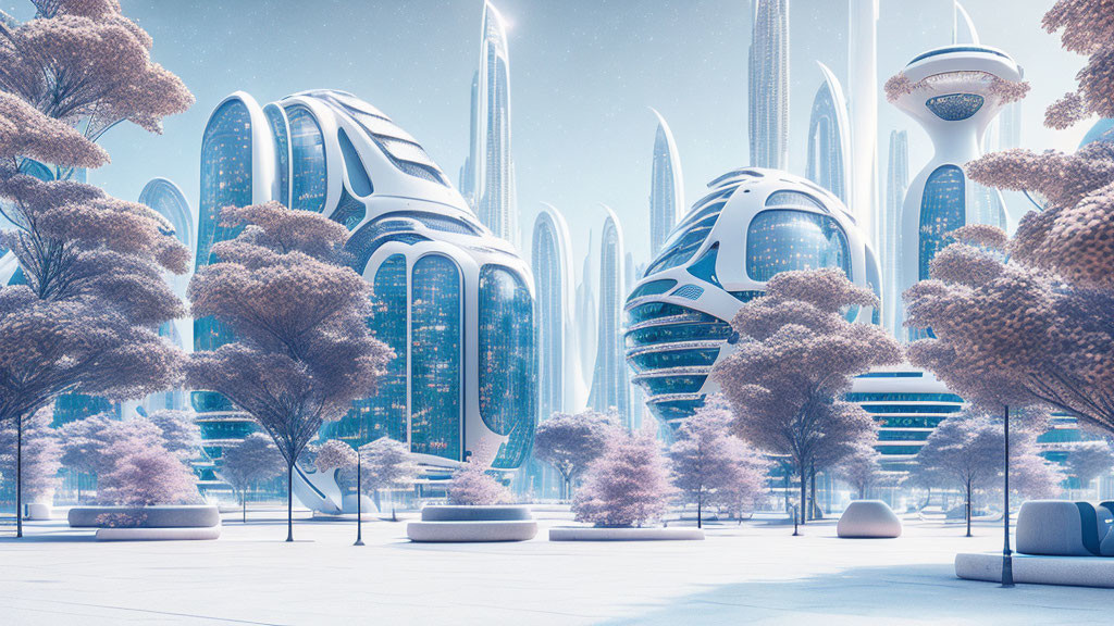 Futuristic cityscape with snow-covered pink trees and sleek buildings