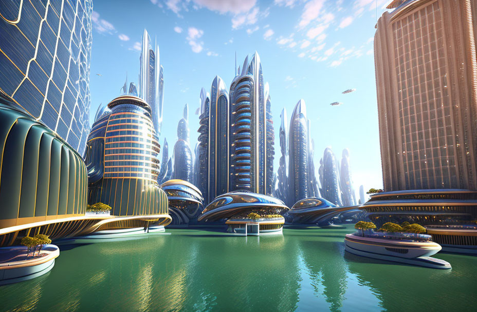 Futuristic cityscape with sleek skyscrapers and flying vehicles