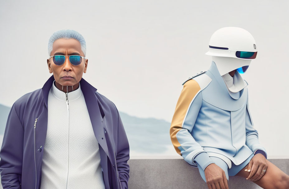 Gray-haired man with sunglasses beside futuristic robot against hazy sky.