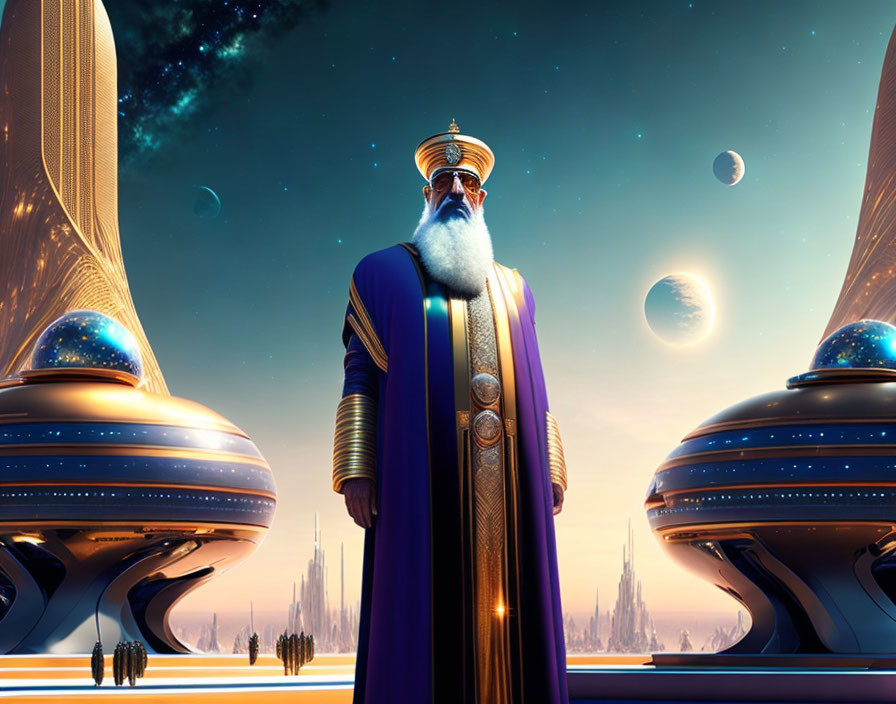 Bearded figure in regal attire between futuristic towers under starry sky