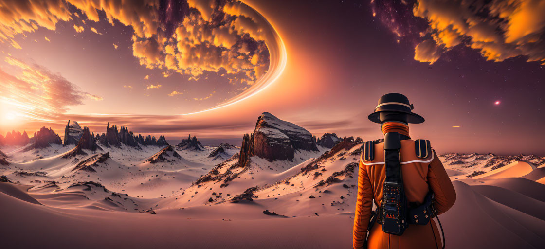 Futuristic figure in suit gazes at surreal snowy landscape & ringed planet