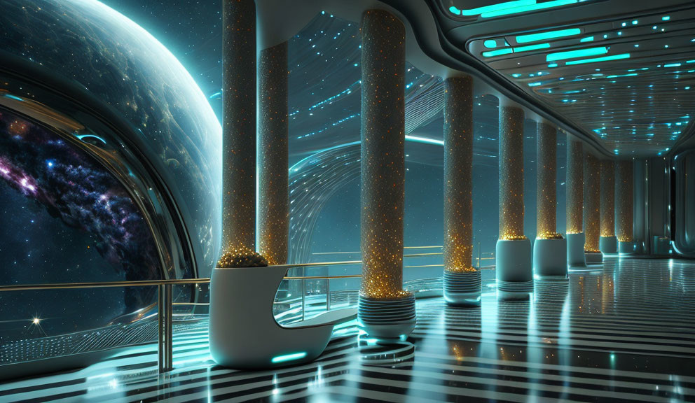 Striped floors, illuminated pillars, large windows - futuristic spaceship interior.