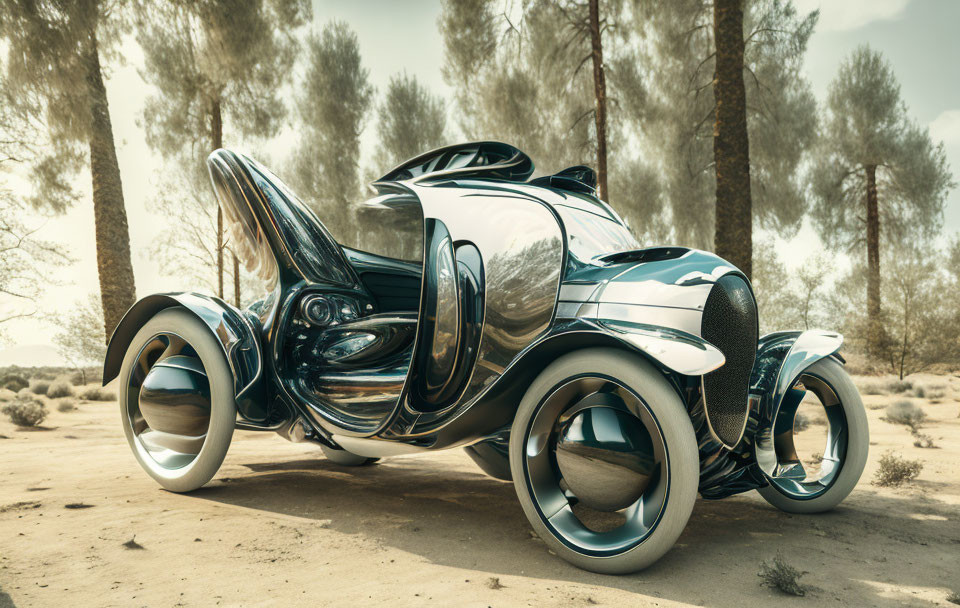 Futuristic black and silver car with open gull-wing door in desert landscape