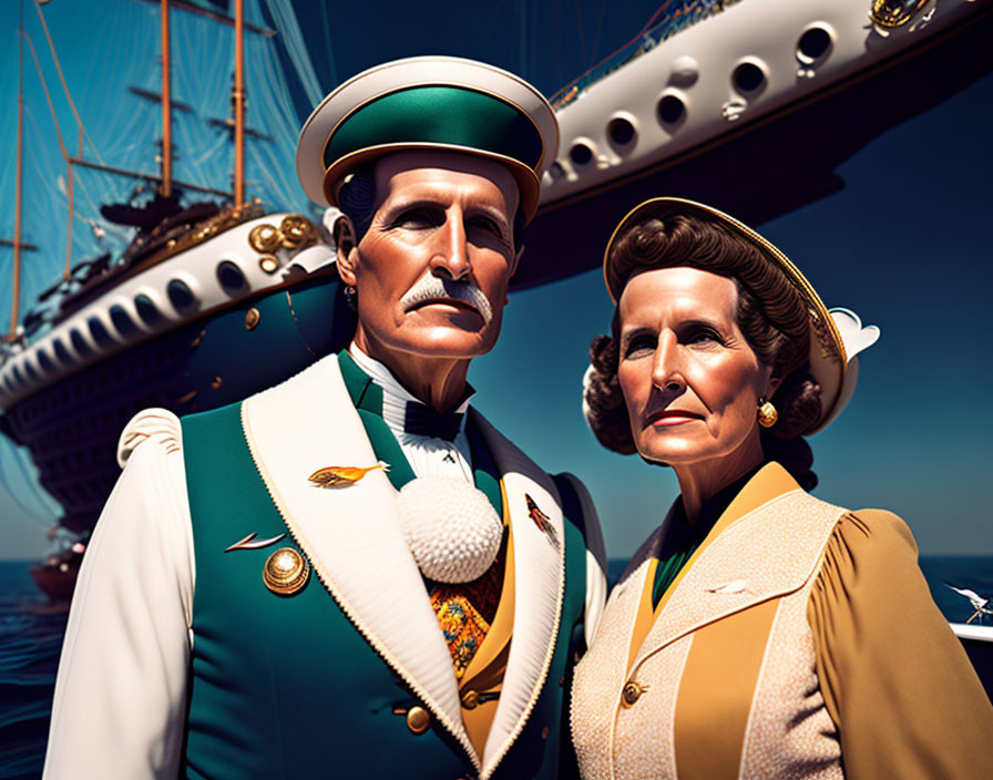 Vintage Attired Older Couple with Ship in 3D Illustration