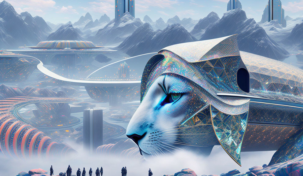 Futuristic cityscape with giant cybernetic cat head, interwoven roads, skyscrap