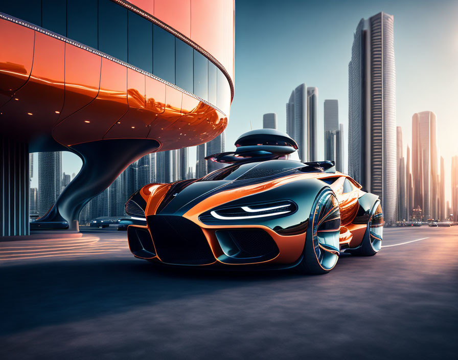 Futuristic sports car parked in urban setting at sunset