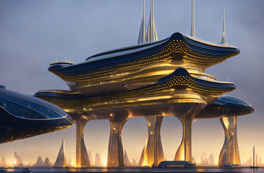 Layered, Illuminated Futuristic Building in Twilight Cityscape