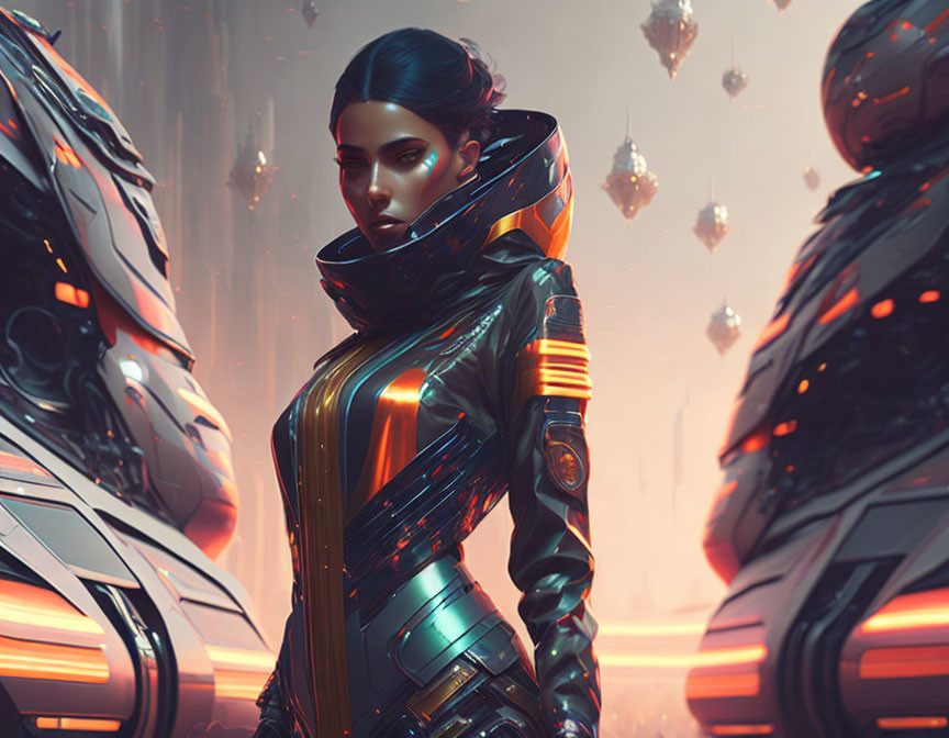 Futuristic woman in sleek armor against geometric backdrop