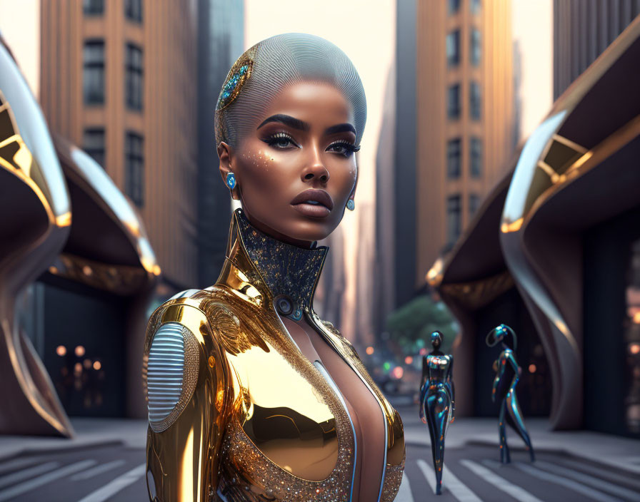 Futuristic woman with golden cybernetic enhancements in sleek cityscape