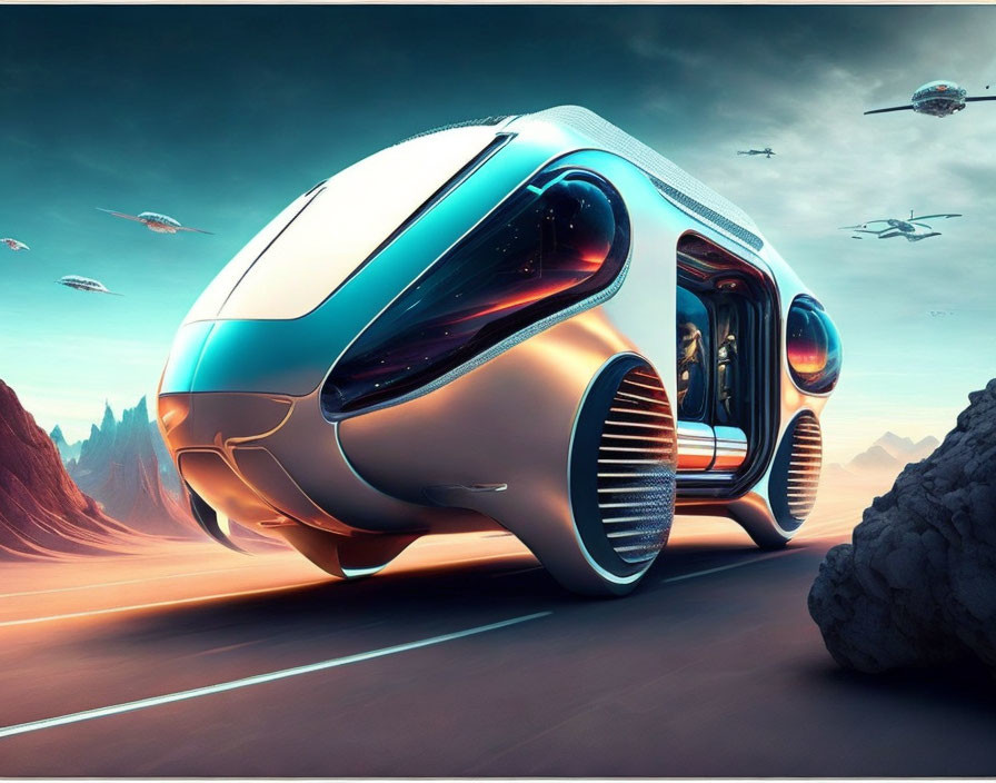 Futuristic vehicle on desert road with flying crafts and mountains