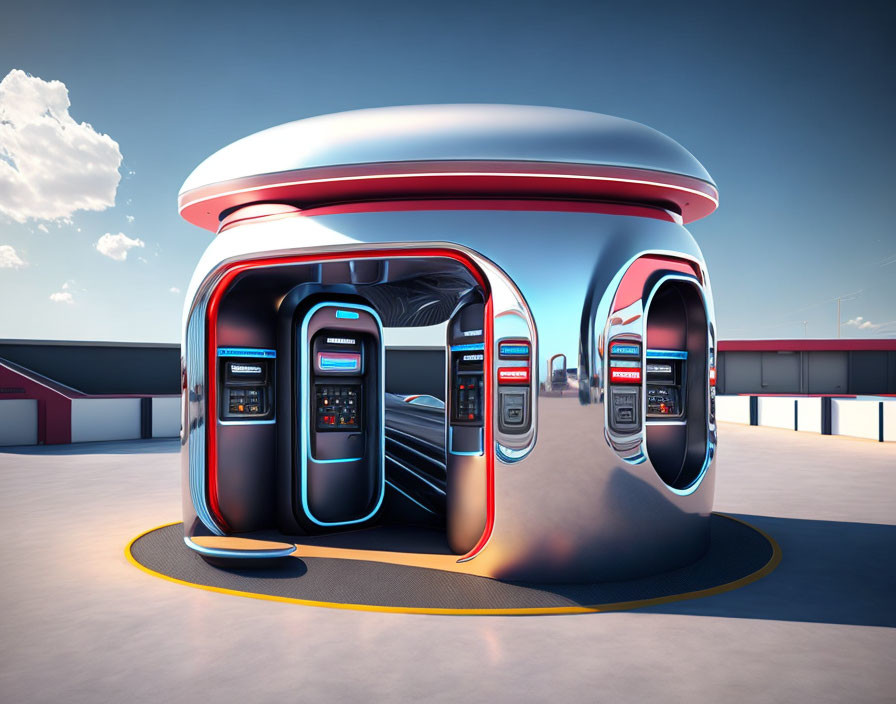 Sleek futuristic charging station with glowing interfaces and multiple ports under domed canopy