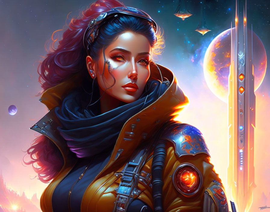 Futuristic female warrior in blue hair and intricate armor on cosmic backdrop