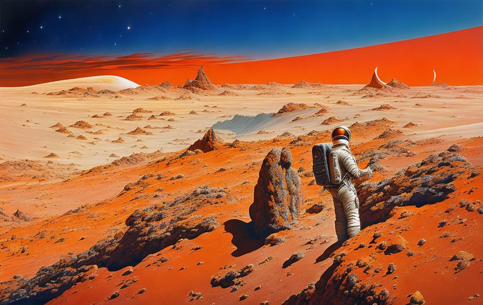 Astronaut on vivid orange Martian landscape with rocky terrain and starry sky