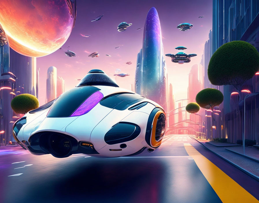 Futuristic cityscape with flying vehicles, white car, skyscrapers, vibrant colors, purple