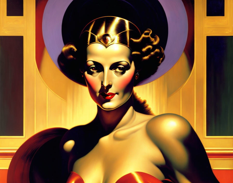 Illustration of woman in golden tiara and retro superhero attire