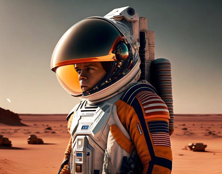 Detailed spacesuit astronaut on Mars-like landscape