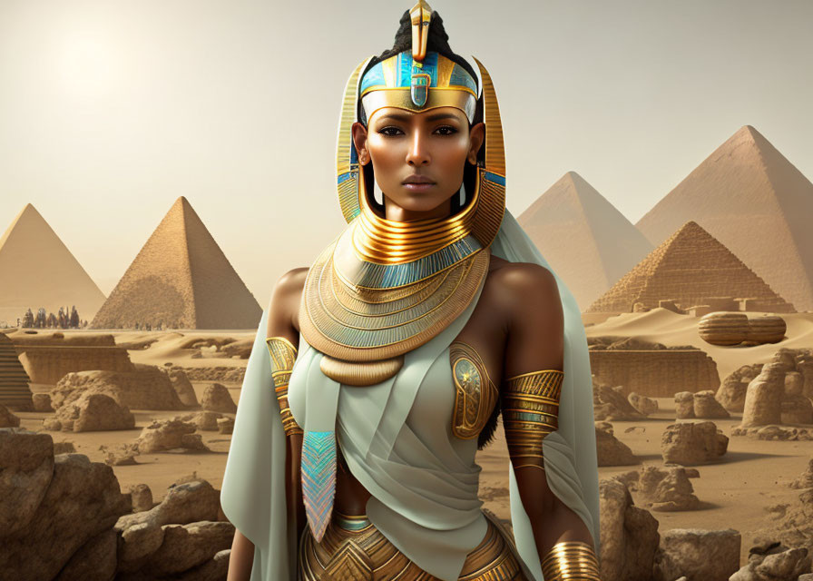 Digital artwork of woman as ancient Egyptian queen with pyramids.