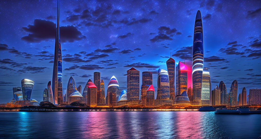 Futuristic city skyline with illuminated skyscrapers, reflective water, starry sky