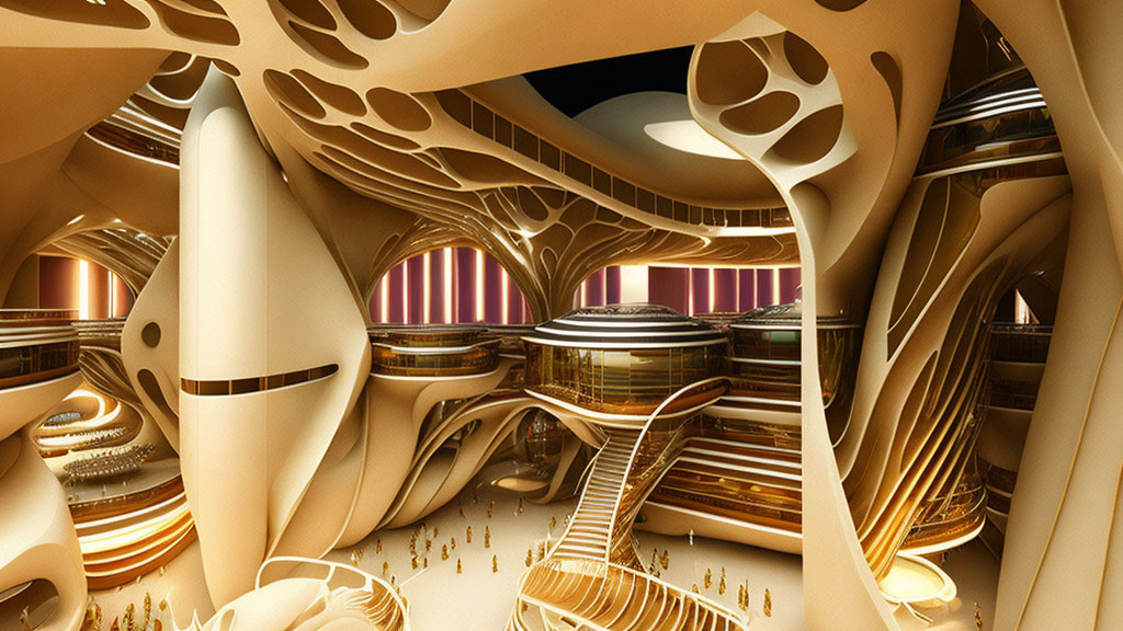 Modern interior design with tree-like pillars and golden tones, spiral structures, and multi-level layout.