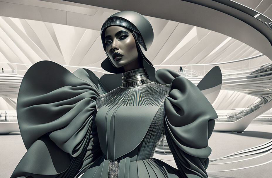 Futuristic fashion model in metallic dress poses in modern interior