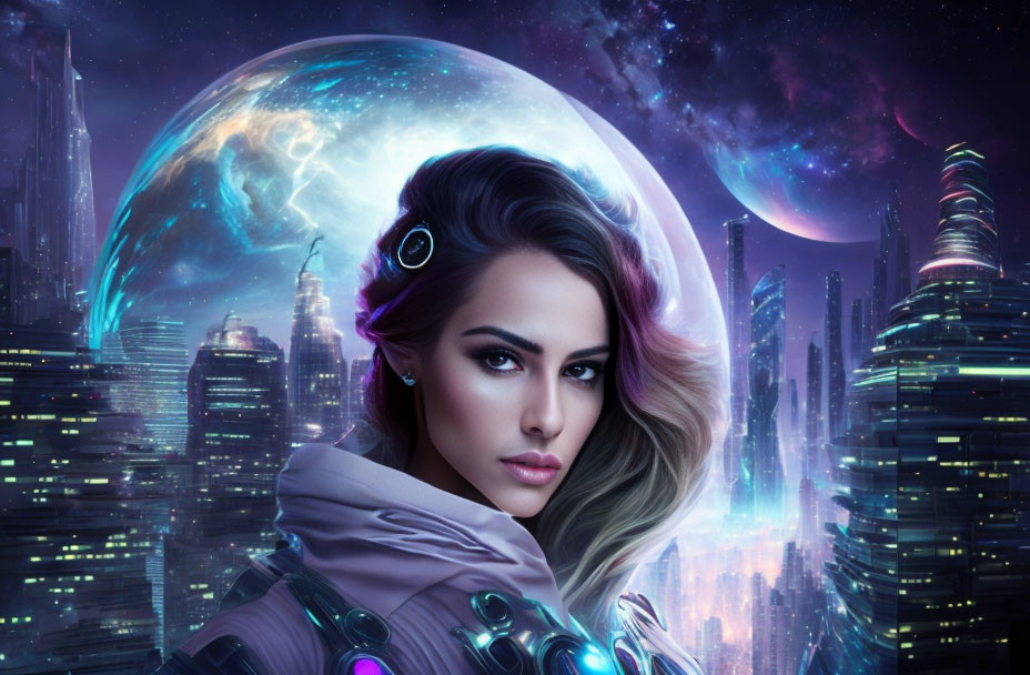 Futuristic female portrait with advanced headphones in sci-fi cityscape