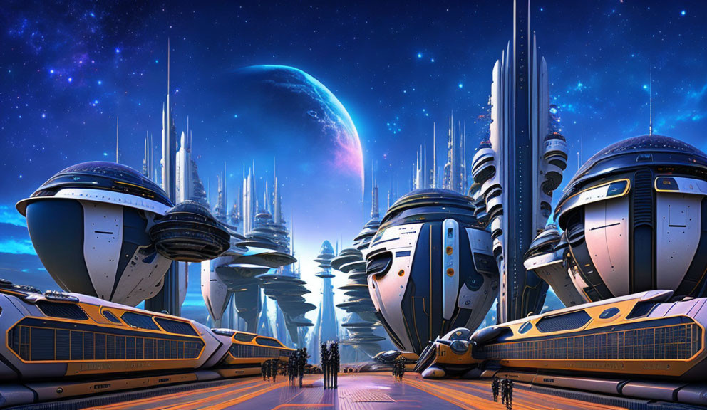 Futuristic cityscape with towering buildings under starry sky