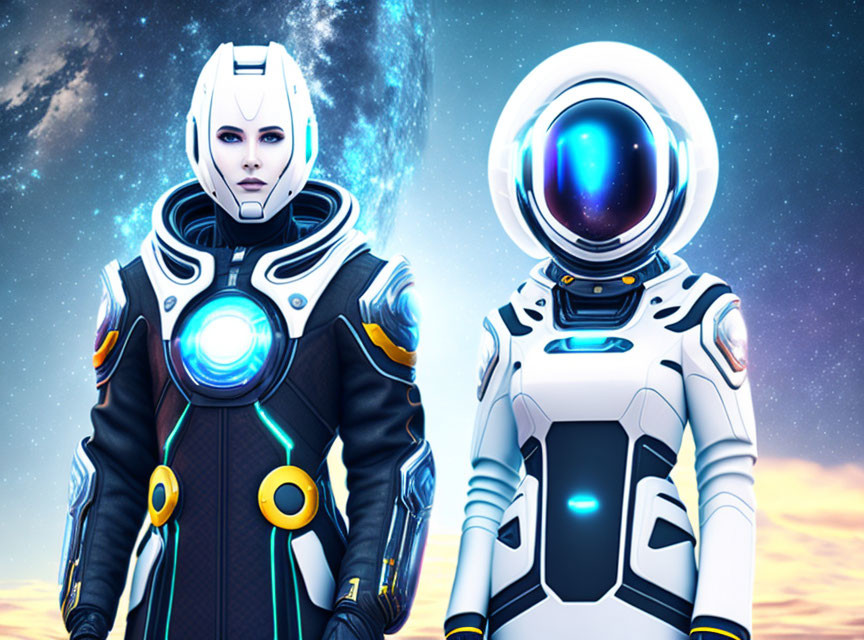 Futuristic astronauts with illuminated helmet and visible face in starry space.