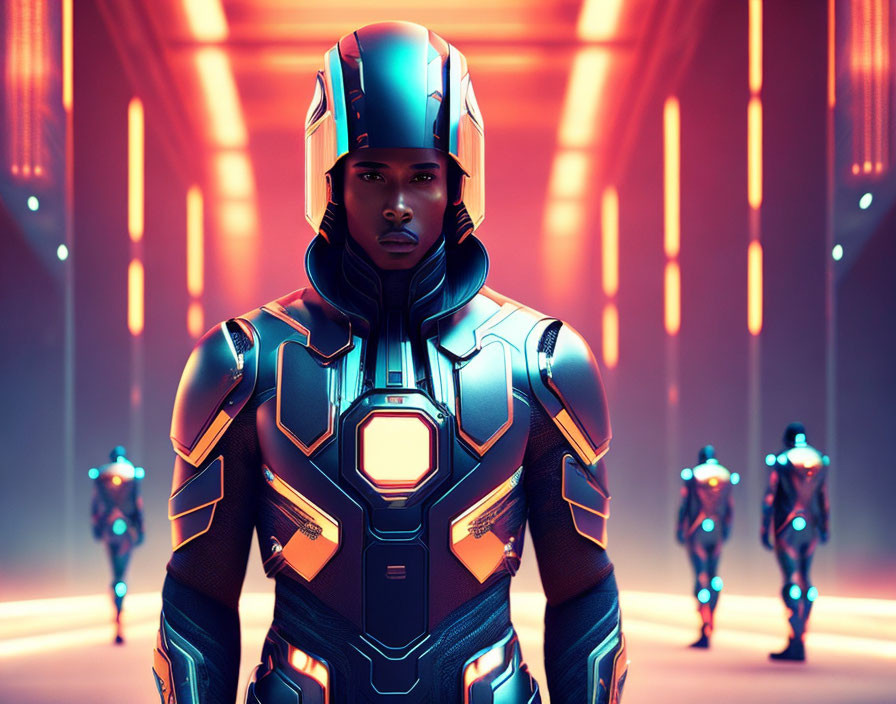 Futuristic armored person with others in neon-lit corridor