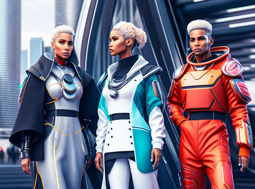 Three futuristic characters in colorful suits with high-tech details and distinctive hairstyles in modern cityscape.