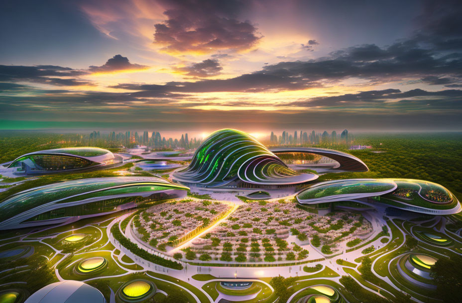 Futuristic cityscape with organic-shaped buildings and lush greenery under vibrant sunset sky