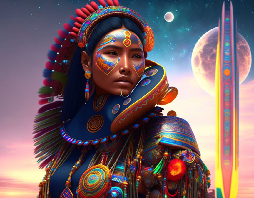 Digital Artwork: Woman in Tribal Face Paint & Colorful Garb with Cosmic Planets