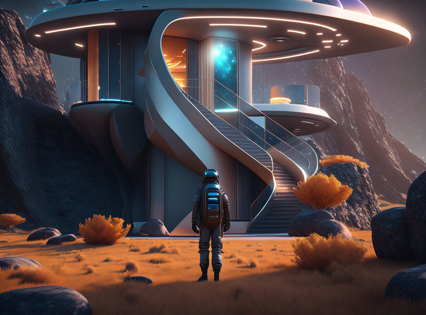 Astronaut near futuristic alien building on planet with orange foliage