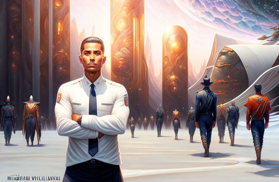 Confident man in uniform in futuristic city with diverse citizens