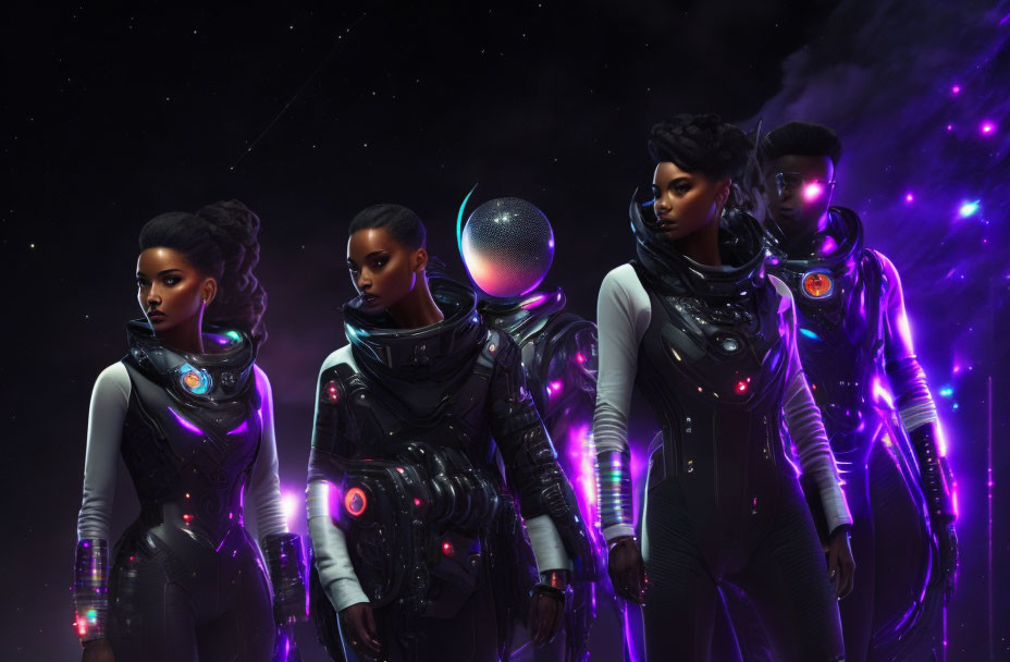 Four characters in glowing futuristic suits against starry space backdrop