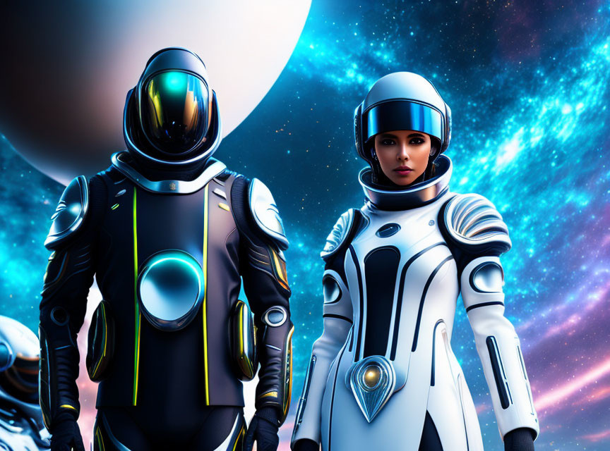 Futuristic male and female astronauts with celestial backdrop.