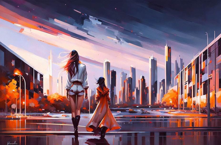 Stylish individuals in vibrant futuristic cityscape at sunset