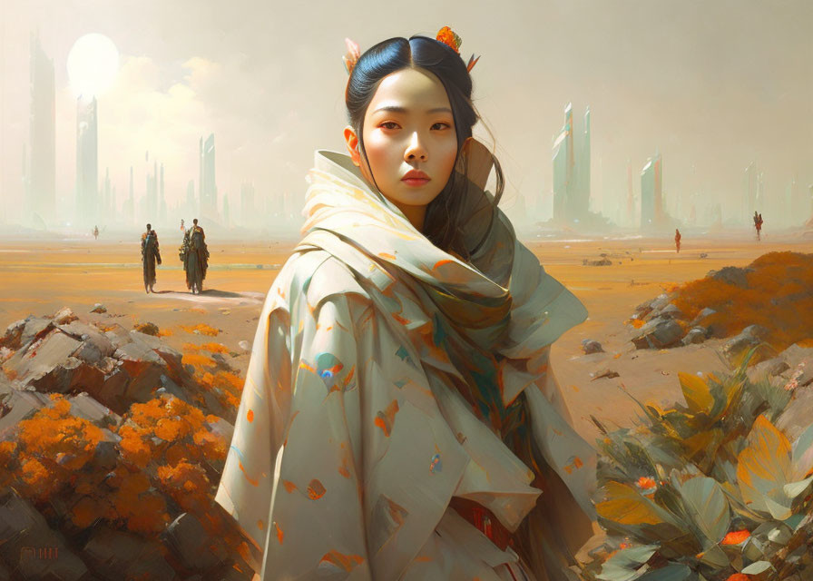 Traditional attire woman in futuristic desert cityscape with distant figures