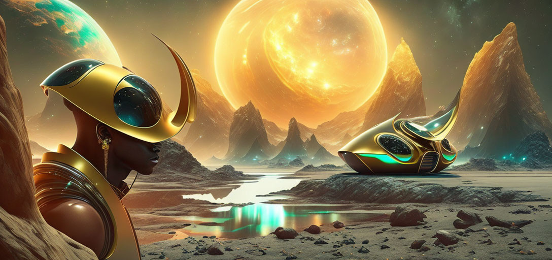 Futuristic scene: individual in advanced helmet, spaceship, alien planet, towering mountains, giant moon