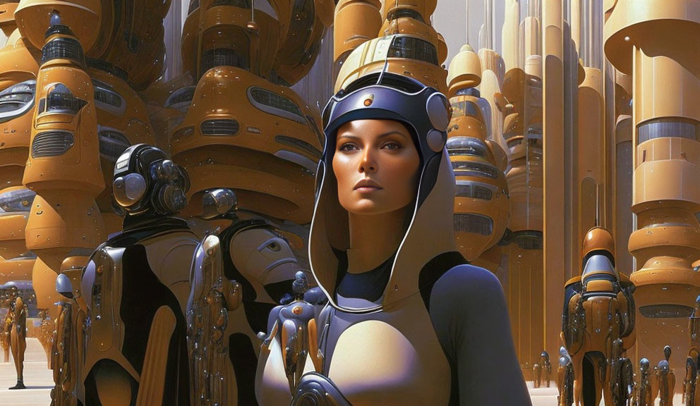 Futuristic Sci-Fi Scene with Humanoid Female and Robots