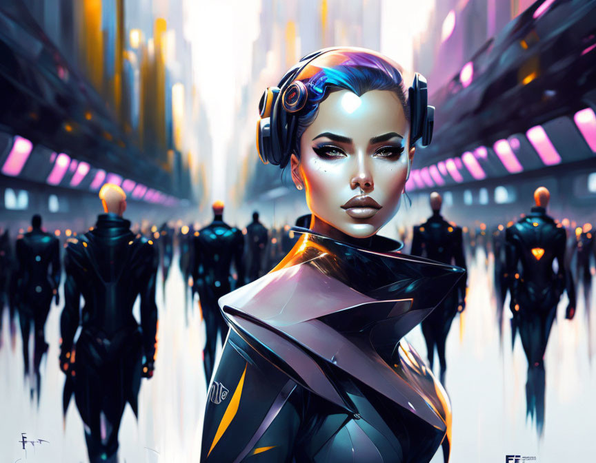 Blue-haired woman with headphones in neon cityscape