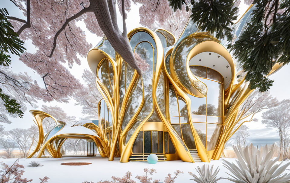 Golden futuristic structure in snow with cherry blossoms - fantasy sci-fi scene