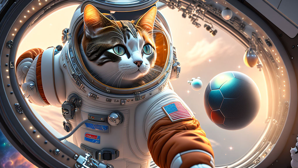 Digitally edited cat-astronaut in space with Earth view.