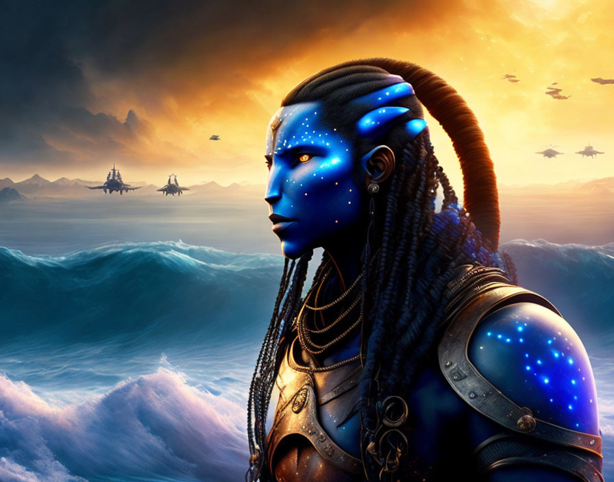 Blue-skinned avatar with bioluminescent markings in ocean sunset scene