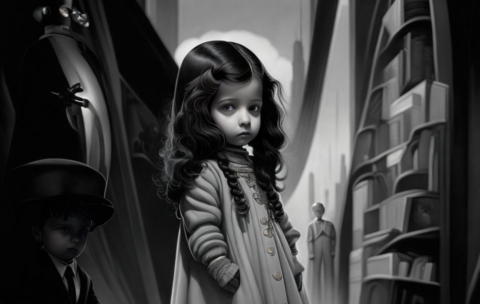 Monochromatic illustration of a somber girl in city setting